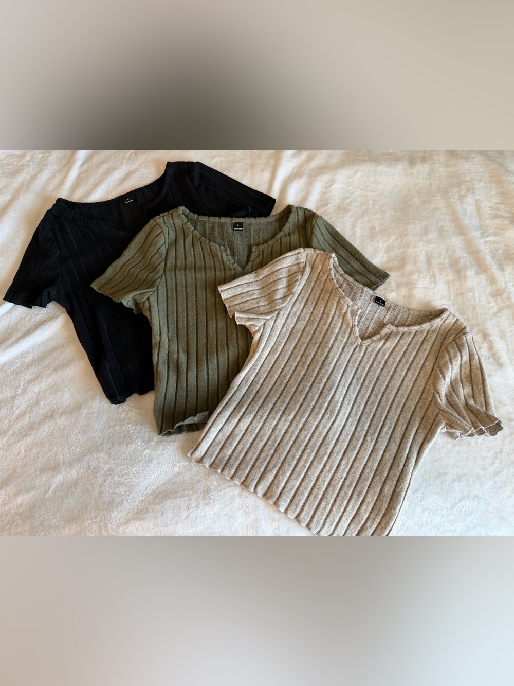 SHEIN Short Sleeve Ribbed Shirts- Pack of 3- Beige, Black, & Green